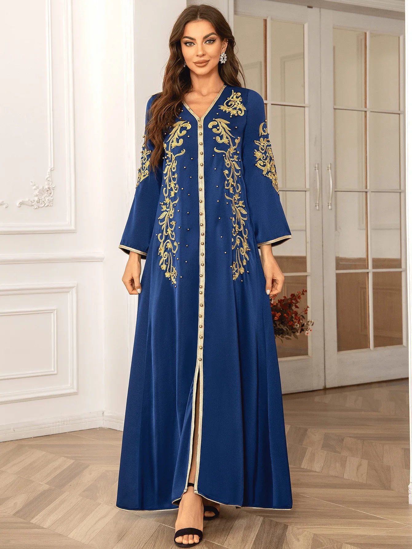 Women's V-Neck Embroidered Cinching Waist Modest Long Sleeve Dress