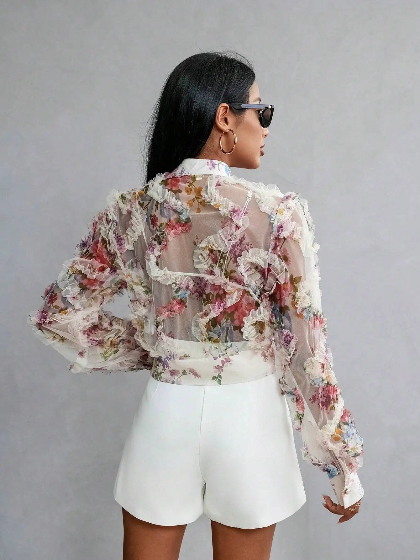 Floral Sheer Ruffle Long Sleeve Button-Up Blouse for Women