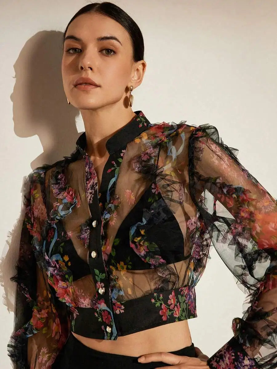 Floral Sheer Ruffle Long Sleeve Button-Up Blouse for Women