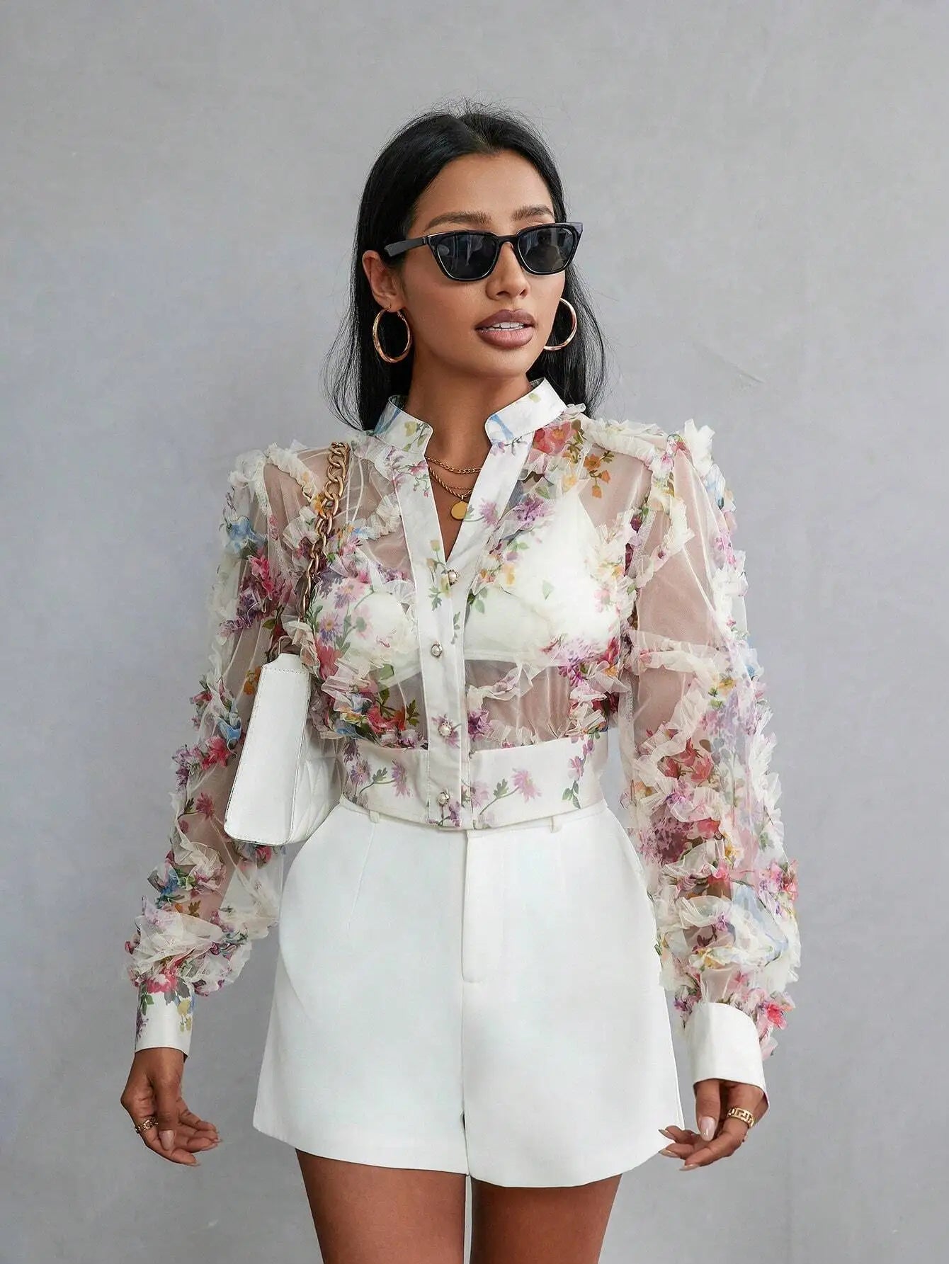 Floral Sheer Ruffle Long Sleeve Button-Up Blouse for Women