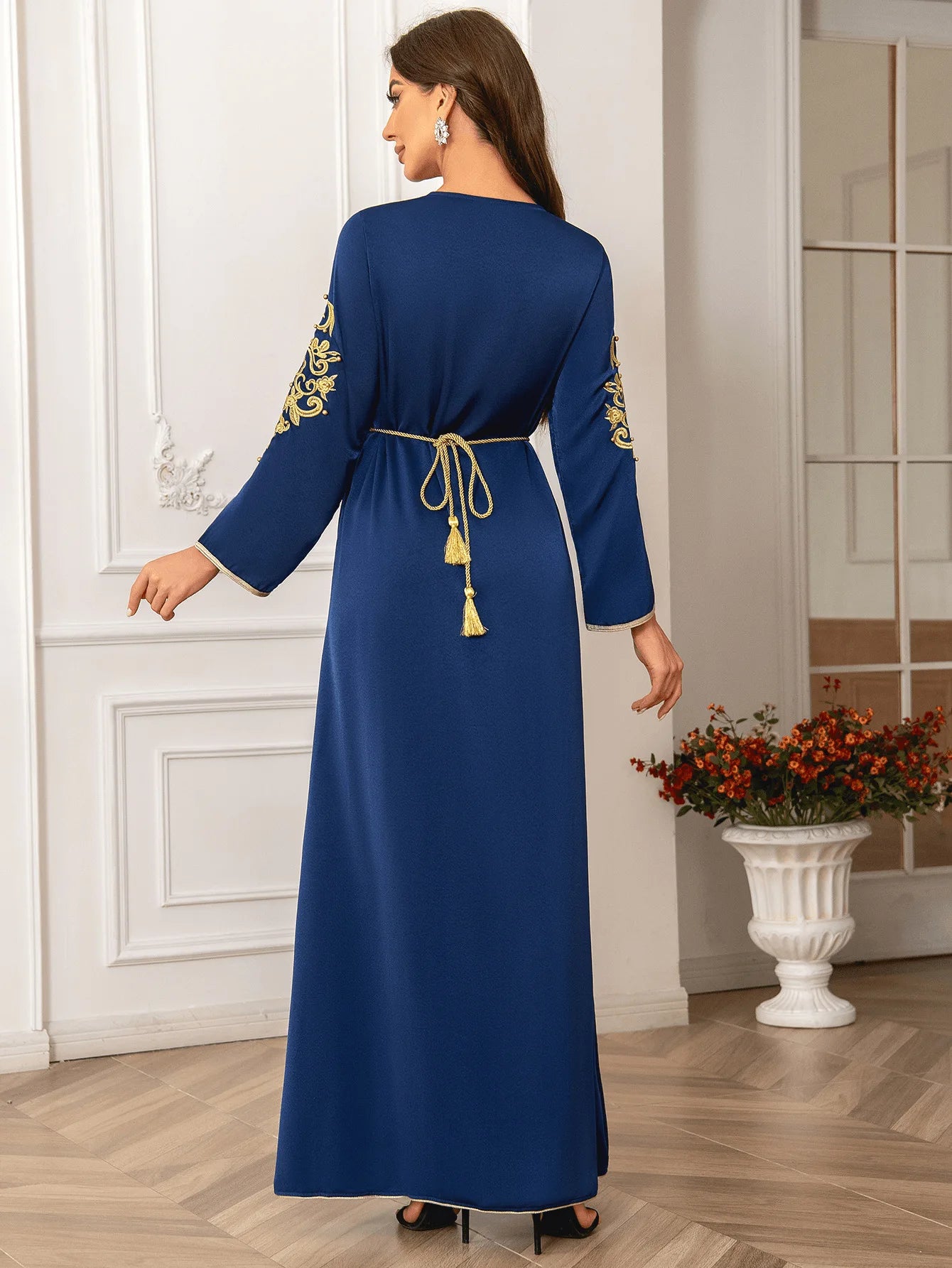 Women's V-Neck Embroidered Cinching Waist Modest Long Sleeve Dress