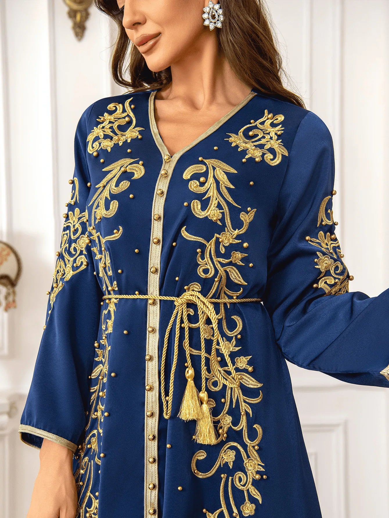 Women's V-Neck Embroidered Cinching Waist Modest Long Sleeve Dress