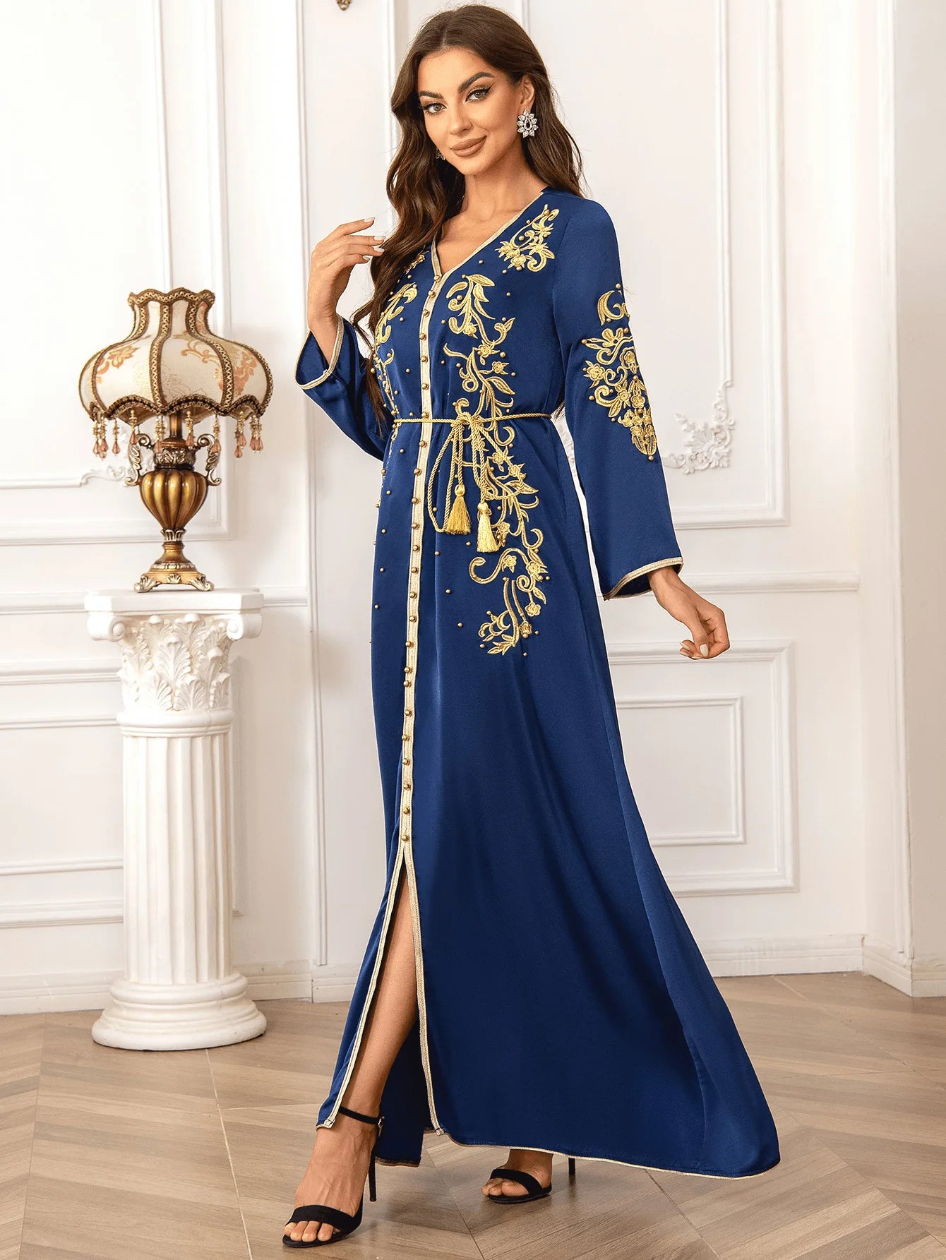 Women's V-Neck Embroidered Cinching Waist Modest Long Sleeve Dress