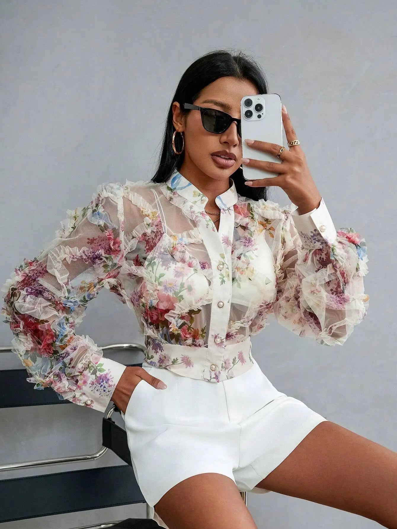 Floral Sheer Ruffle Long Sleeve Button-Up Blouse for Women